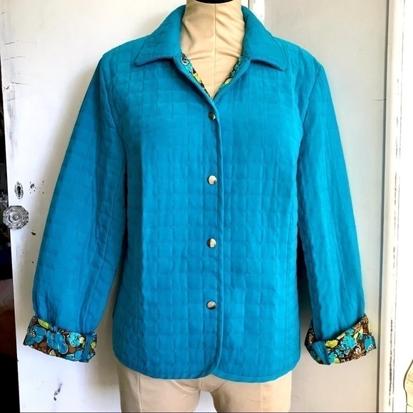 Briggs New York Turquoise Teal Quilted Snap Button Up Collared Jacket 16 Petite - Picture 12 of 12